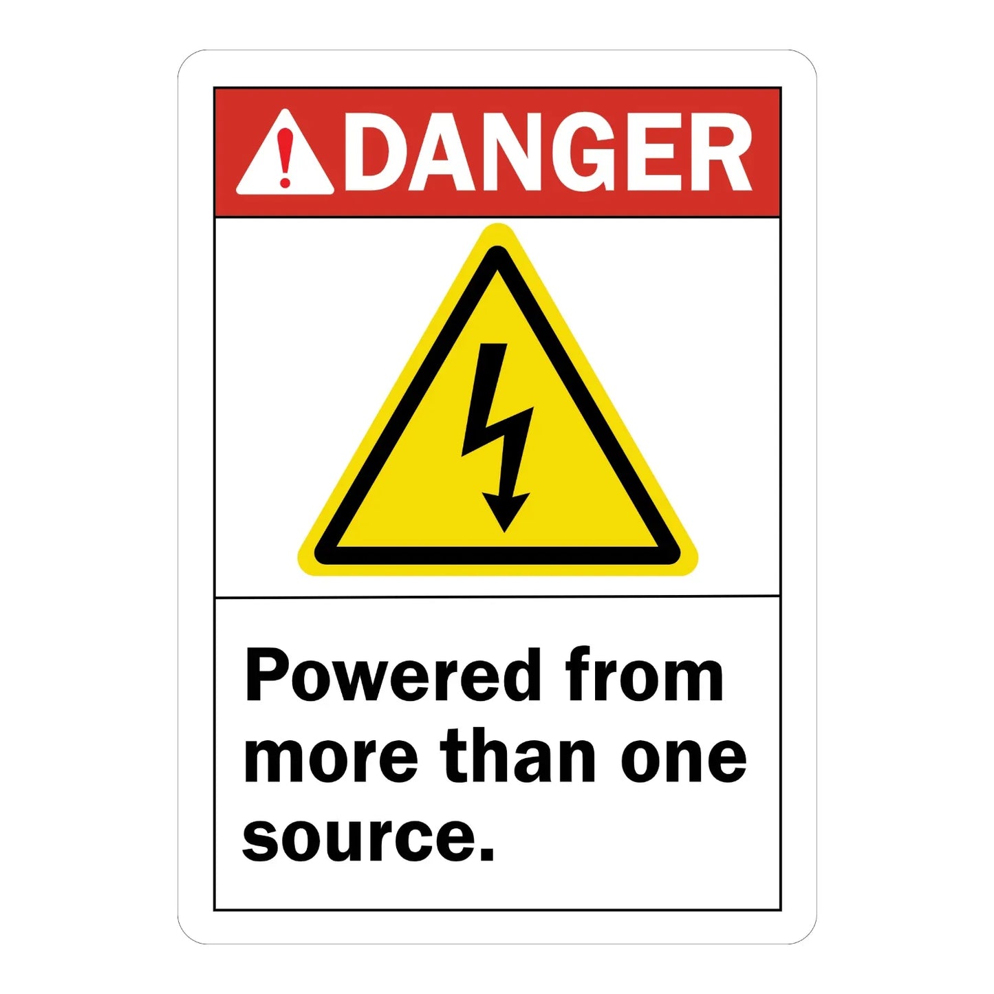 ANSI Danger: Powered from More Than One Source Sign Sticker with red header and yellow electric shock hazard icon, warning workers to verify all power sources.