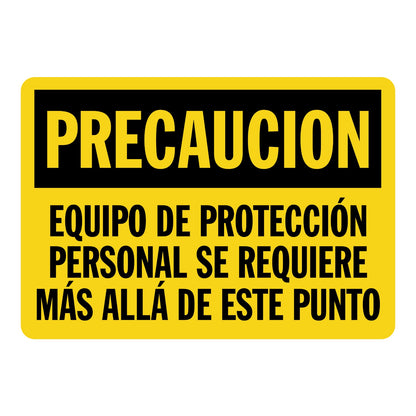 Spanish OSHA Caution Precaución Equipo De Protección Personal Se Requiere Más Allá De Este Punto Sign Sticker with yellow background, black header, and Spanish text.