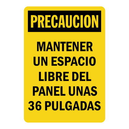 Spanish OSHA Caution: Mantener Un Espacio Libre Del Panel Unas 36 Pulgadas Sign Sticker with yellow background and black text, enforcing required electrical panel clearance.