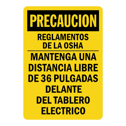 Spanish OSHA Caution: Distancia Libre De 36 Pulgadas Delante Del Tablero Electrico Sign Sticker with yellow background and black text, enforcing electrical panel clearance.