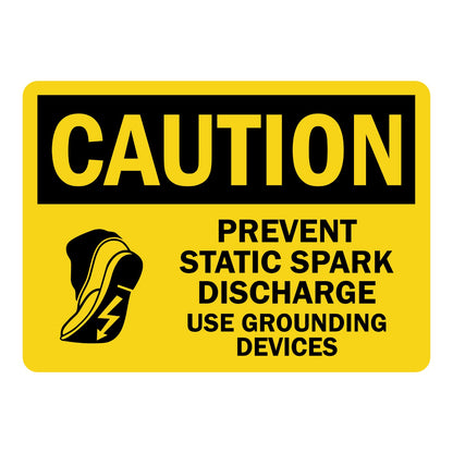 OSHA Caution: Prevent Static Spark Discharge, Use Grounding Devices Sign Sticker with bold black header on yellow background, ESD shoe/lightning bolt icon, and large black lettering