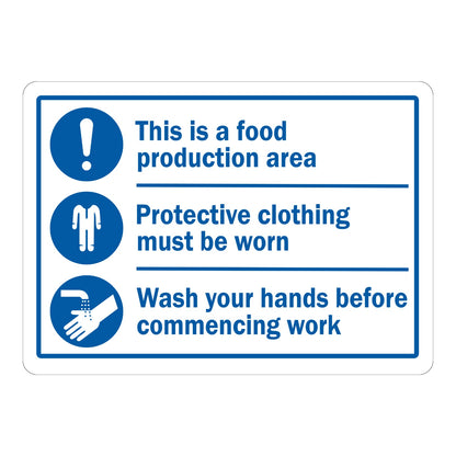 Warning Food Safety Sign Production Area Wash Hands Sign Sticker with blue border, blue icon circles, and multi-line instructional text for food production areas.