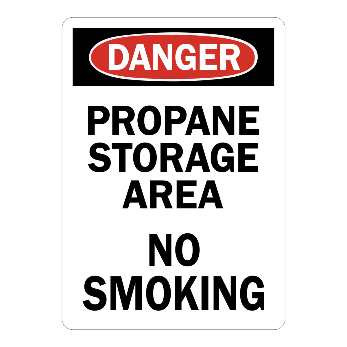 OSHA Danger Propane Storage Area No Smoking sign sticker with red oval header on a black panel and bold black text, a decal warning of propane fire hazards