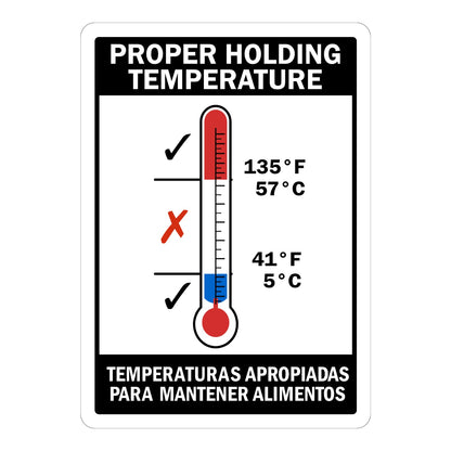 Bilingual: Proper Holding Temperature Sign Stickers with a thermometer graphic, 135°F/57°C and 41°F/5°C limits, and English and Spanish text in black and white