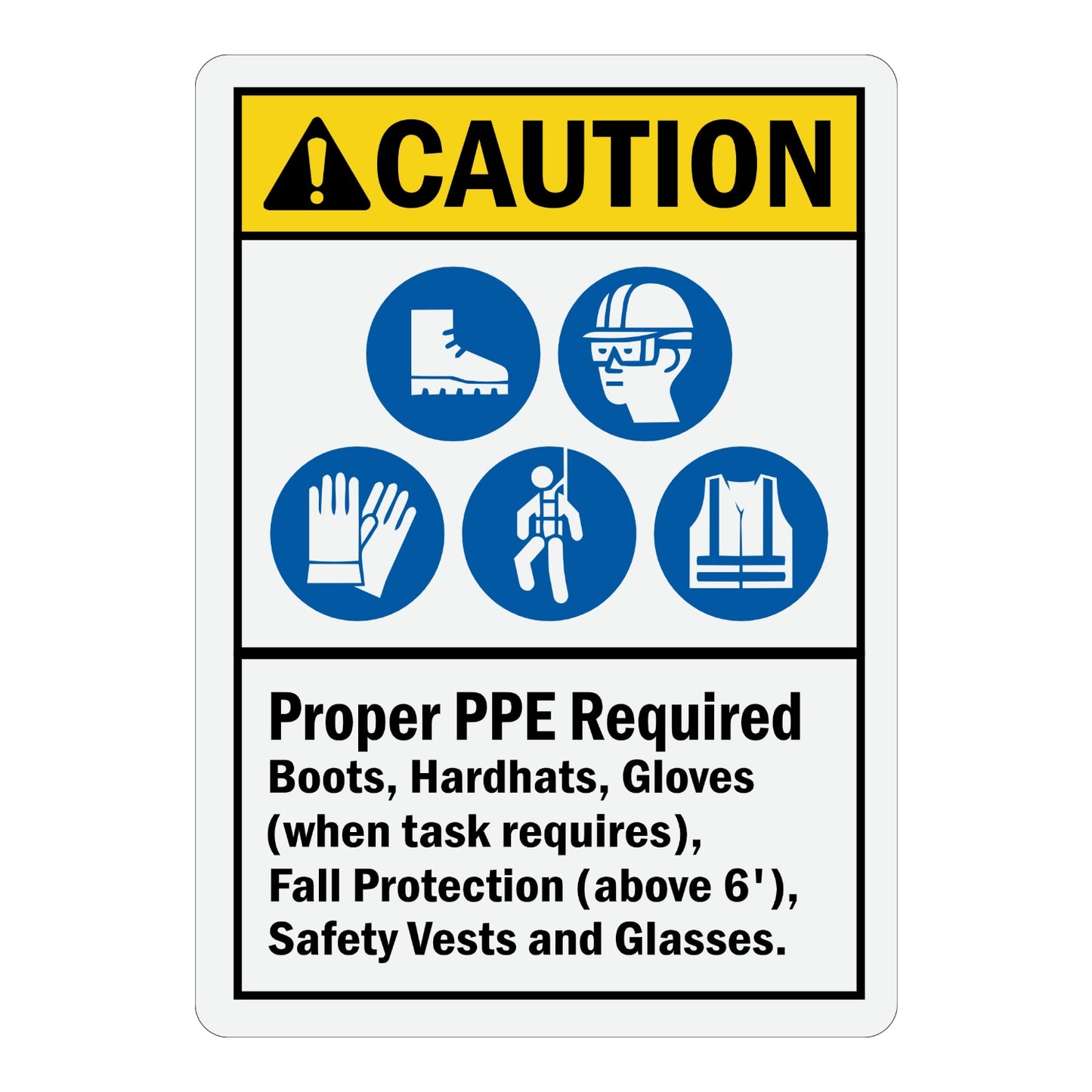 ANSI Caution: Proper PPE Required sign sticker with a yellow header and five blue icons for boots, hard hat, gloves, fall protection, and safety vest below.