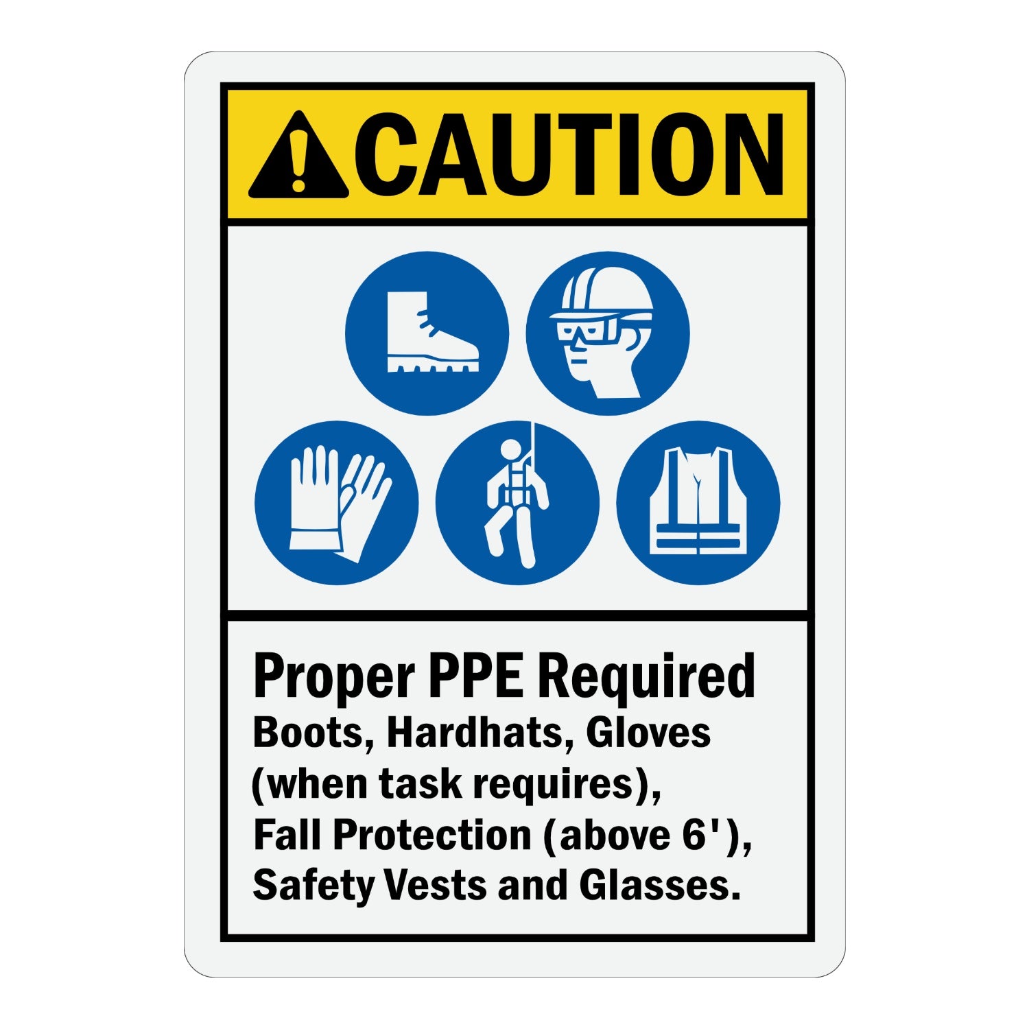 ANSI Caution: Proper PPE Required - Boots, Hardhats, Gloves (when Task Requires)  With PPE Symbols