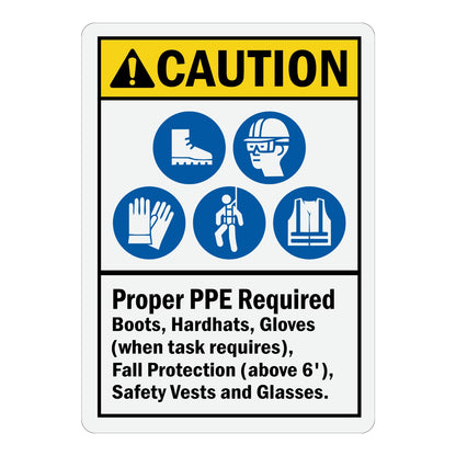 ANSI Caution: Proper PPE Required sign sticker with a yellow header and five blue icons for boots, hard hat, gloves, fall protection, and safety vest below.