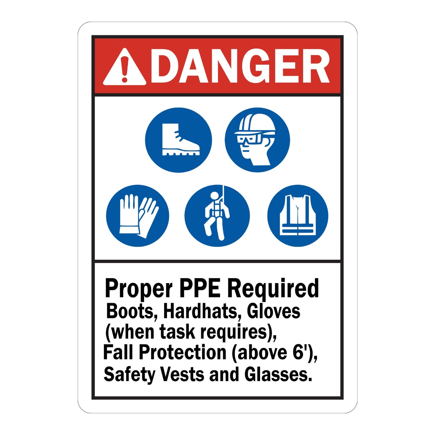 ANSI Danger: Proper PPE Required: Boots, Hard Hats, Gloves, Fall Protection, Safety Vests and Glasses sign sticker with red header and five blue icons for boots, hardhat, gloves, fall protection, and safety vest below it.