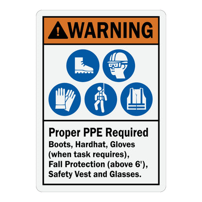 ANSI Warning: Proper PPE Required sign sticker with an orange header and five blue icons for boots, hard hat, gloves, fall protection, safety vest below.
