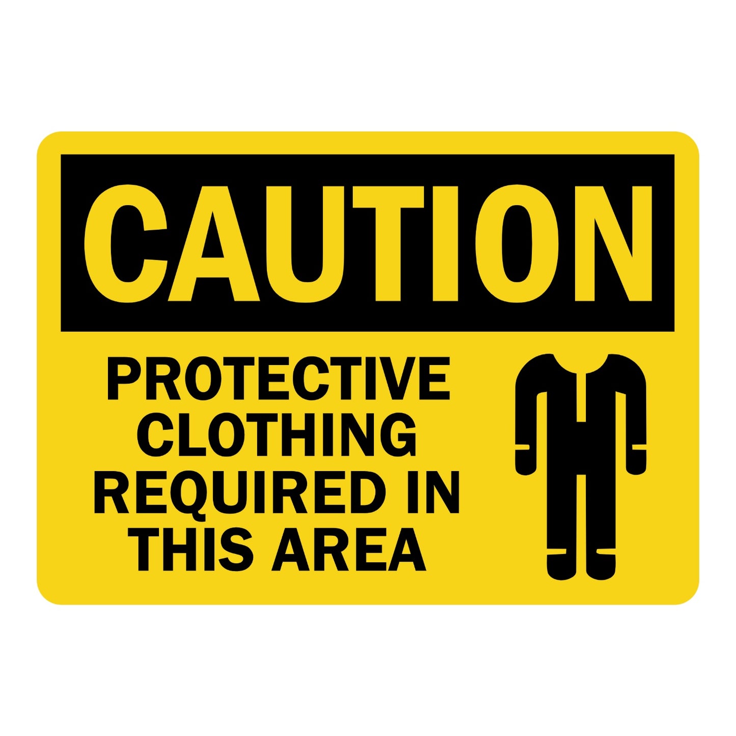 OSHA Caution Protective Clothing Required In This Area Sign Sticker with yellow background, black header, and protective coverall icon for hazardous work areas.