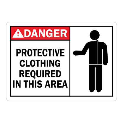 ANSI Danger Protective Clothing Required In This Area Sign Sticker with red header, black warning triangle icon, and standing figure graphic for hazardous work areas.