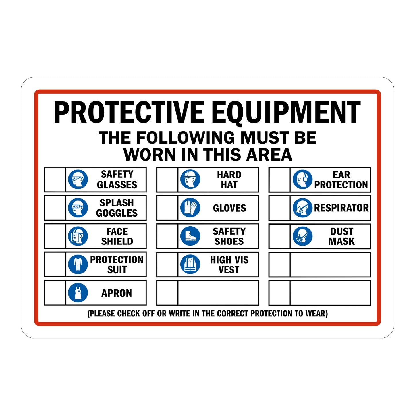 Warning Protective Equipment The Following Must Be Worn In This Area Sign Sticker with red border, checklist grid of PPE icons, and bold black header text for job site areas.