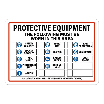Warning Protective Equipment The Following Must Be Worn In This Area Sign Sticker with red border, checklist grid of PPE icons, and bold black header text for job site areas.