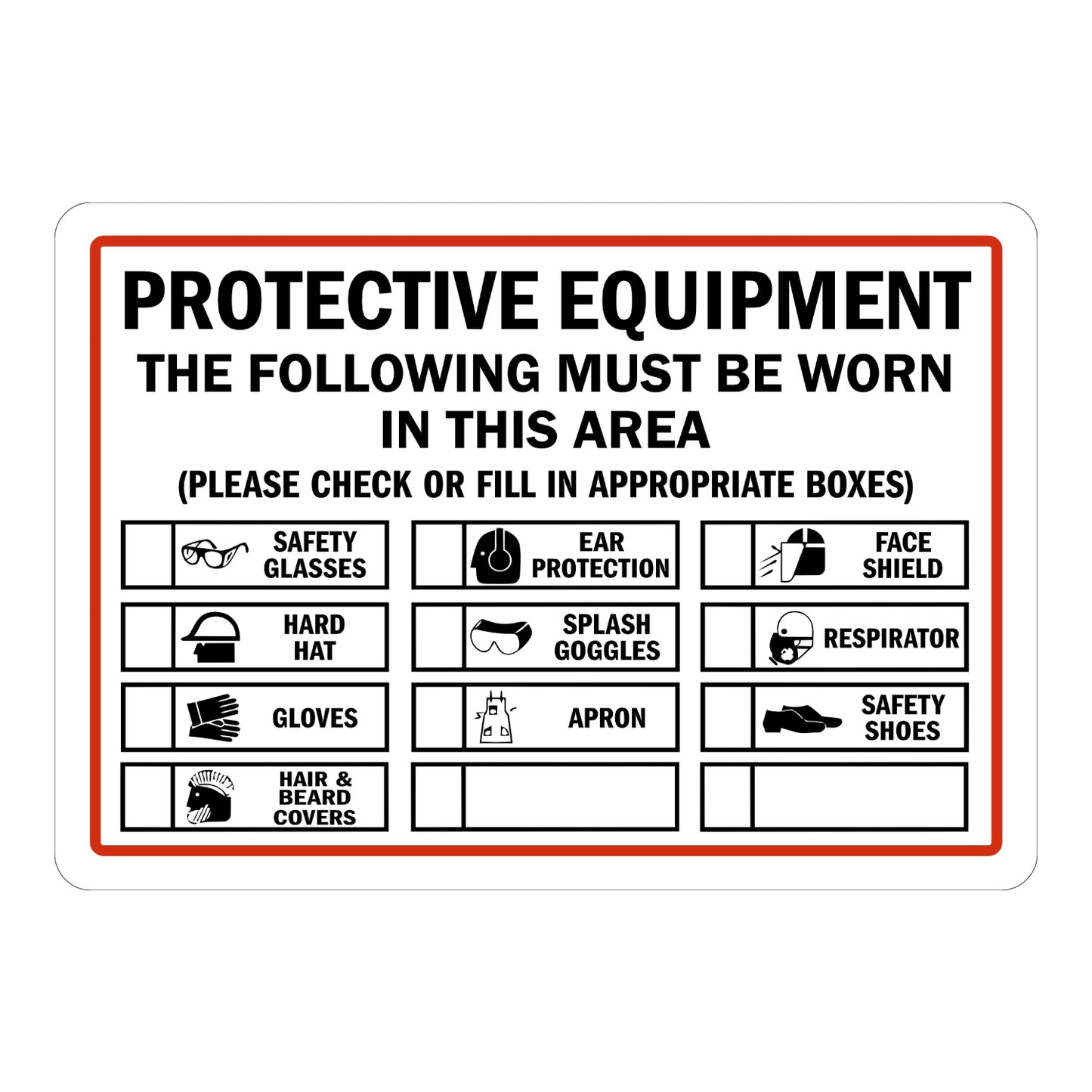 Warning Protective Equipment The Following Must Be Worn In This Area Sign Sticker with red border, checklist grid of PPE icons, and bold black header text for job site areas.