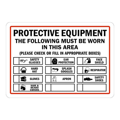Warning Protective Equipment The Following Must Be Worn In This Area Sign Sticker with red border, checklist grid of PPE icons, and bold black header text for job site areas.