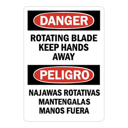 Rotating Blade Keep Hands Away, Najawas Rotativas Mantengalas Manos Fuera sign with red Danger header and matching English and Spanish warning text