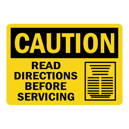 OSHA Caution: Read Directions Before Servicing Sign Stickers – Yellow background, black CAUTION header, document icon with bold black text. For machinery, industrial equipment & maintenance safety compliance zones.