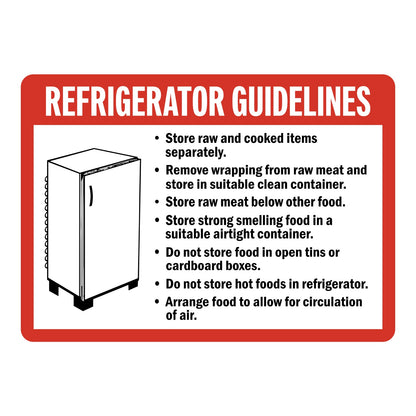 Refrigerator Guidelines Sign Stickers with a red border, white REFRIGERATOR GUIDELINES header, fridge drawing and a black bulleted list of food storage rules