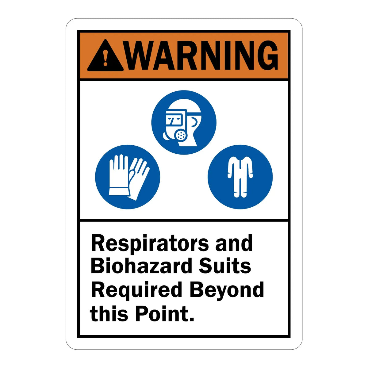 ANSI Warning: Respirators and Biohazard Suits Required sign stickers featuring PPE icons for mask, gloves, and suit, mandates protective gear beyond this point