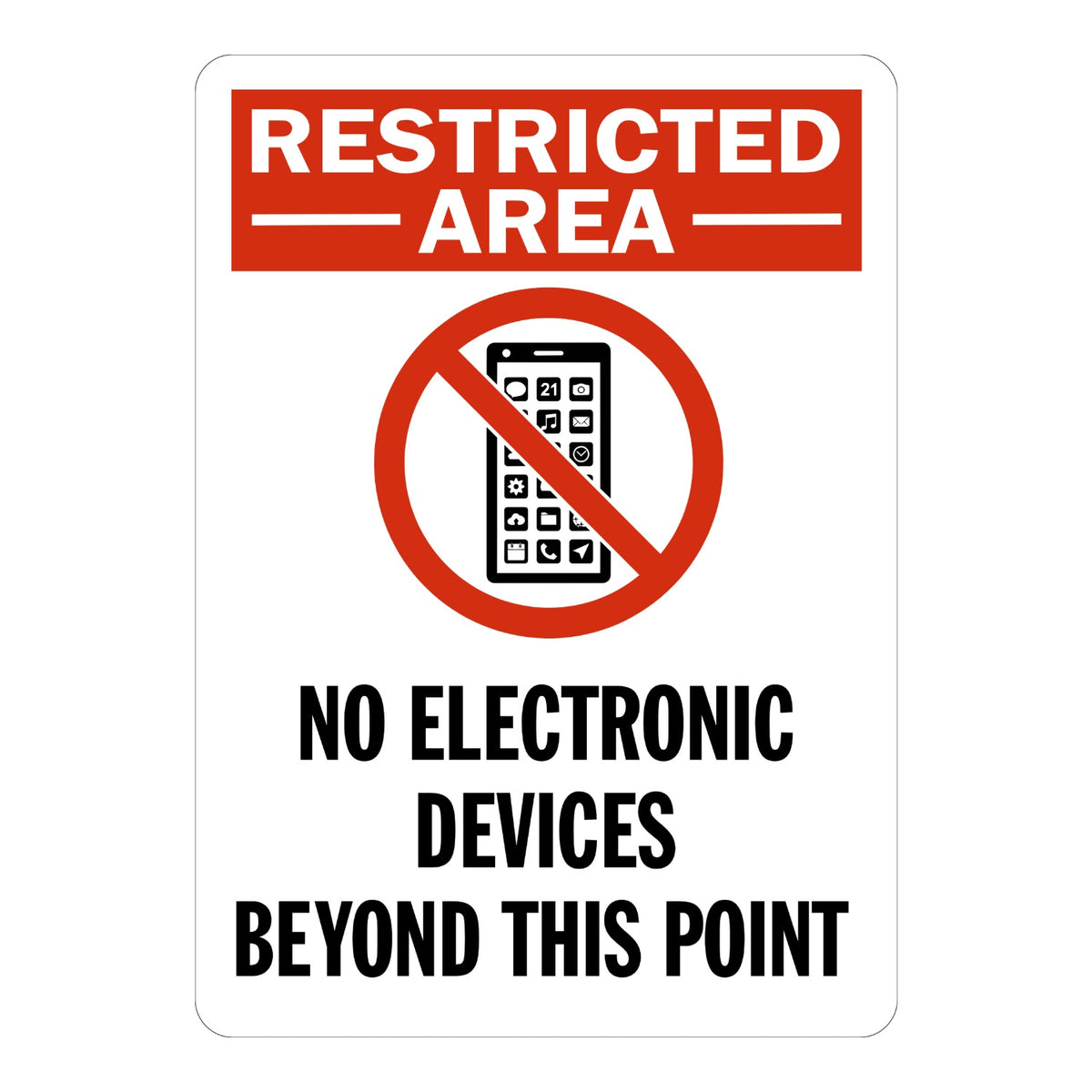 Restricted Area No Electronic Devices Beyond This Point sign sticker with red header and prohibition icon over a phone, a decal restricting device use in secure zones