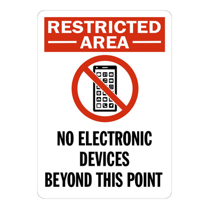 Restricted Area No Electronic Devices Beyond This Point sign sticker with red header and prohibition icon over a phone, a decal restricting device use in secure zones