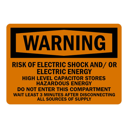 OSHA Warning: Risk of Electric Shock, Capacitor Stores Hazardous Energy Sign Sticker with black WARNING header on orange background, requires 3-minute wait to enter.