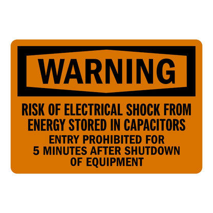 OSHA Warning: Risk of Electrical Shock from Stored Capacitor Energy Sign Sticker with black WARNING header on orange background, requires 5-minute wait after shutdown.