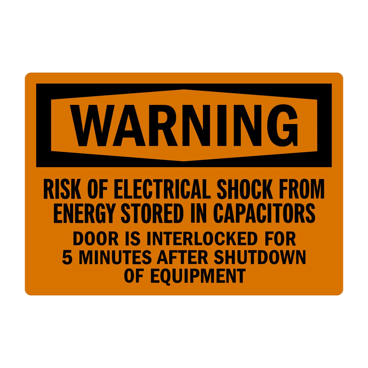 OSHA Warning: Risk of Electrical Shock from Energy Stored in Capacitors sign sticker with orange background and bold black hexagon-shaped WARNING header.