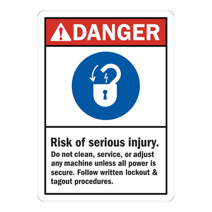 White and red ANSI danger sign sticker with blue open padlock icon stating Risk Of Serious Injury Do Not Clean Service Or Adjust Any Machine Unless All Power Is Secure Follow Written Lockout And Tagout Procedures.
