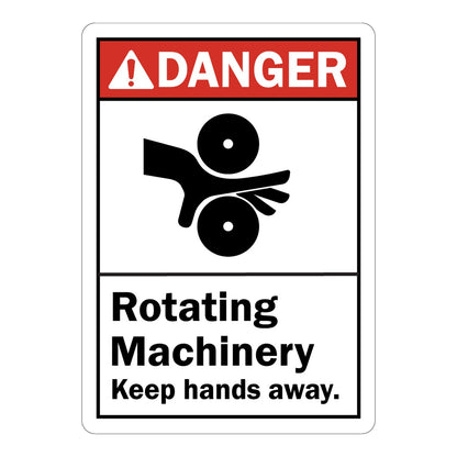 Vertical ANSI Danger sign with red header, black rotating machinery and hand entanglement hazard symbol, and text reading Rotating Machinery Keep Hands Away on white background.