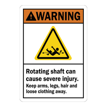 ANSI Warning: Rotating Shaft Can Cause Severe Injury sign stickers featuring entanglement hazard icon, warns to keep arms, legs, hair and clothing away