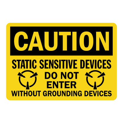 OSHA Caution: Static Sensitive Devices Do Not Enter Without Grounding Devices Sign Sticker with bold black header on yellow background, ESD circular arrow icons flanking text, and large black bold lettering