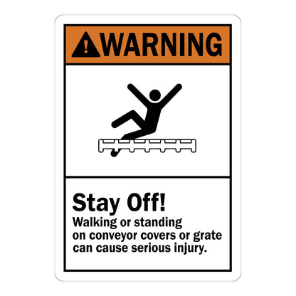 ANSI Warning: Stay Off Conveyor Covers or Grate sign stickers featuring bold fall hazard icon, warns that walking or standing there causes serious injury