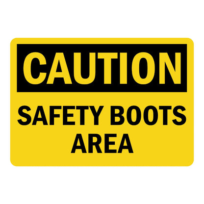 OSHA Caution: Safety Boots Area Sign Sticker – yellow and black caution sign with bold text designating a safety boots area