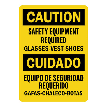 Bilingual OSHA Caution: Safety Equipment Required, Glasses-Vest-Shoes sign sticker with English and Spanish text and yellow background with black bands.