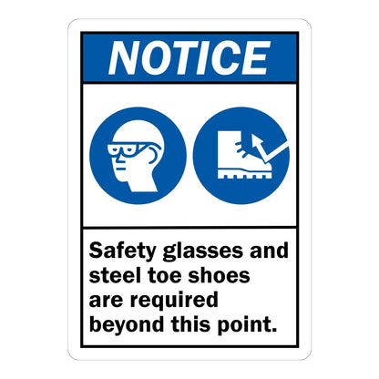 ANSI Notice: Safety Glasses and Steel Toe Shoes Are Required Beyond This Point Sign Sticker – blue and white notice sign with safety glasses and steel-toe boot icons requiring safety glasses and steel toe shoes beyond this point