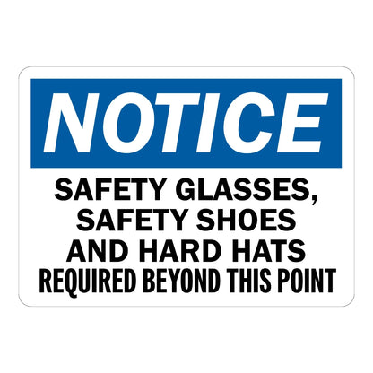 OSHA Notice: Safety Glasses, Safety Shoes and Hard Hats Required Beyond This Point Sign Sticker with a blue header on a white background, for PPE checkpoints