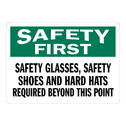 OSHA Safety First: Safety Glasses, Safety Shoes and Hard Hats Required Beyond This Point Sign Sticker with a green header on white, for job PPE checkpoints