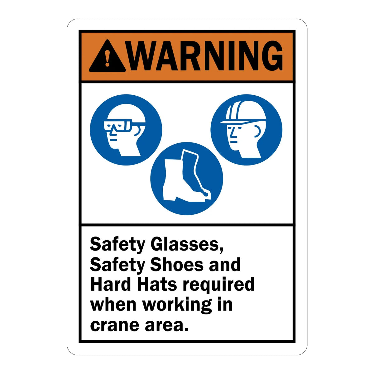 ANSI Warning: Safety Glasses, Shoes & Hard Hats Required When Working In Crane Area Sign Sticker with blue PPE icons on white, for active crane operation zones