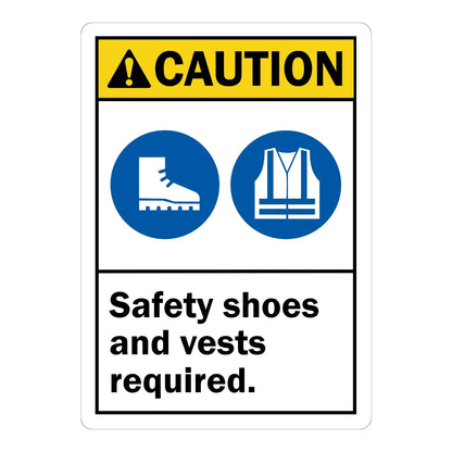 ANSI Caution: Safety Shoes and Vest Required (With Graphic) Sign Sticker – white sign with a yellow caution header and blue safety boot and vest icons requiring safety shoes and vests