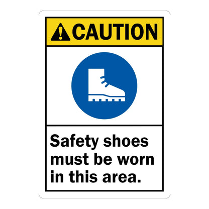 ANSI Caution: Safety Shoes Must Be Worn in This Area (With Graphic) Sign Sticker – white sign with a yellow caution header and blue safety boot icon requiring safety shoes in this area