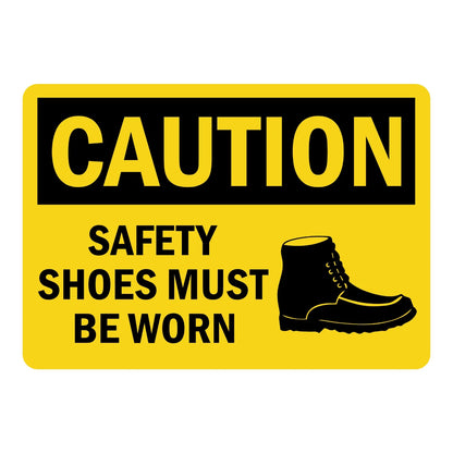 OSHA Caution: Safety Shoes Must Be Worn Sign Sticker – yellow and black caution sign with a safety boot graphic warning that safety shoes must be worn