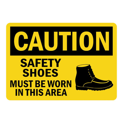 OSHA Caution: Safety Shoes Must Be Worn In This Area Sign Sticker – yellow and black caution sign with a safety boot graphic requiring safety shoes in this area