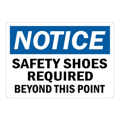 OSHA Notice: Safety Shoes Required Beyond This Point Sign Sticker – blue and white notice sign with bold black text requiring safety shoes beyond this point