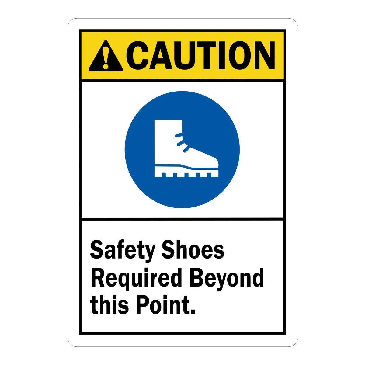 ANSI Caution: Safety Shoes Required Beyond This Point (With Graphic) Sign Sticker – white sign with a yellow caution header and blue safety boot icon requiring safety shoes beyond this point