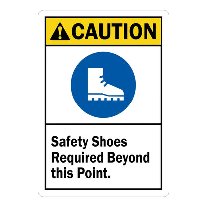 ANSI Caution: Safety Shoes Required Beyond This Point (With Graphic) Sign Sticker – white sign with a yellow caution header and blue safety boot icon requiring safety shoes beyond this point