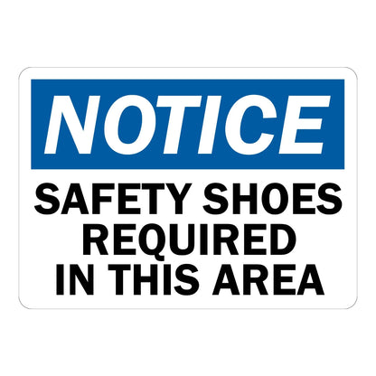 OSHA Notice: Safety Shoes Required in This Area Sign Sticker – blue and white notice sign with bold black text requiring safety shoes in this area