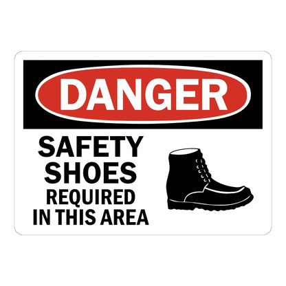 OSHA Danger: Safety Shoes Required in This Area Sign Sticker – white sign with a red and black danger header and safety boot graphic requiring safety shoes in this area