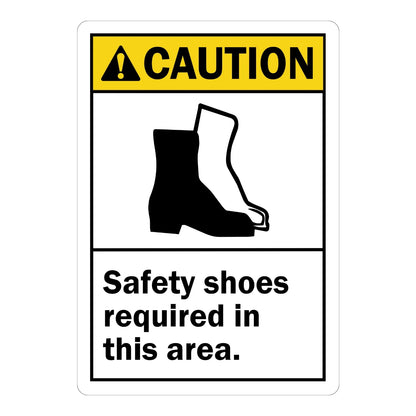 ANSI Caution: Safety Shoes Required in This Area Sign Sticker – white sign with a yellow caution header and safety boot graphic requiring safety shoes in this area