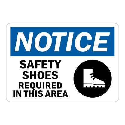 OSHA Notice: Safety Shoes Required in This Area (With Graphic) Sign Sticker – blue and white notice sign with a black safety boot icon requiring safety shoes in this area